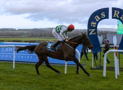 Horse at Naas Racecourse crossing the finishing line for the Lawlor's Race Day